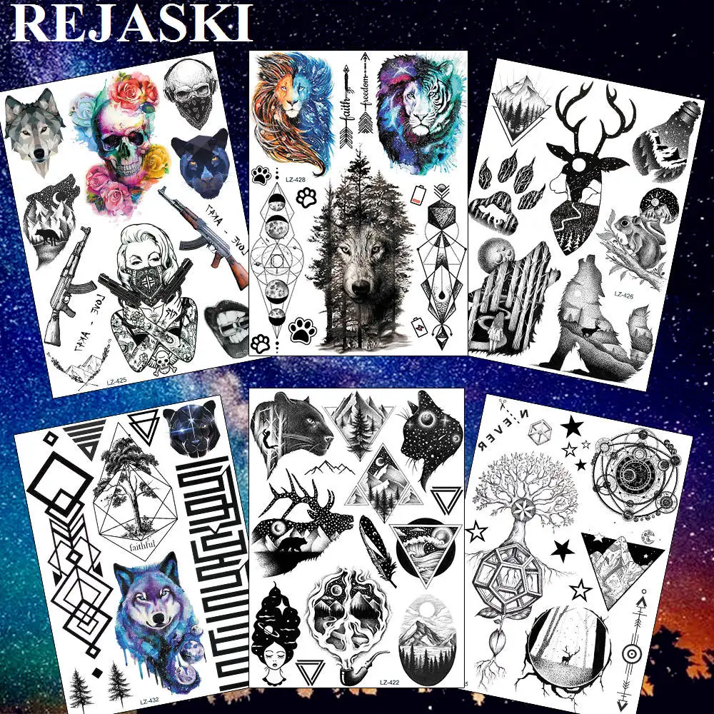 Временные татуировки REJASKI Lion Tiger Galaxy Mountain черные геометрические фальшивые с