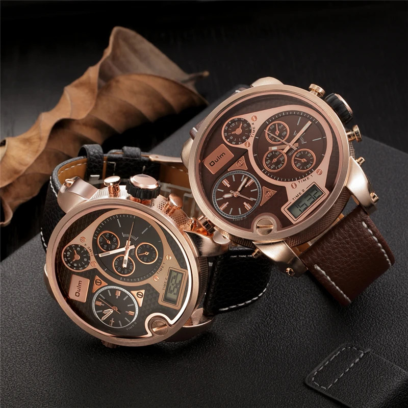 Oulm кожа большие часы для мужчин большой циферблат двойной дисплей военные