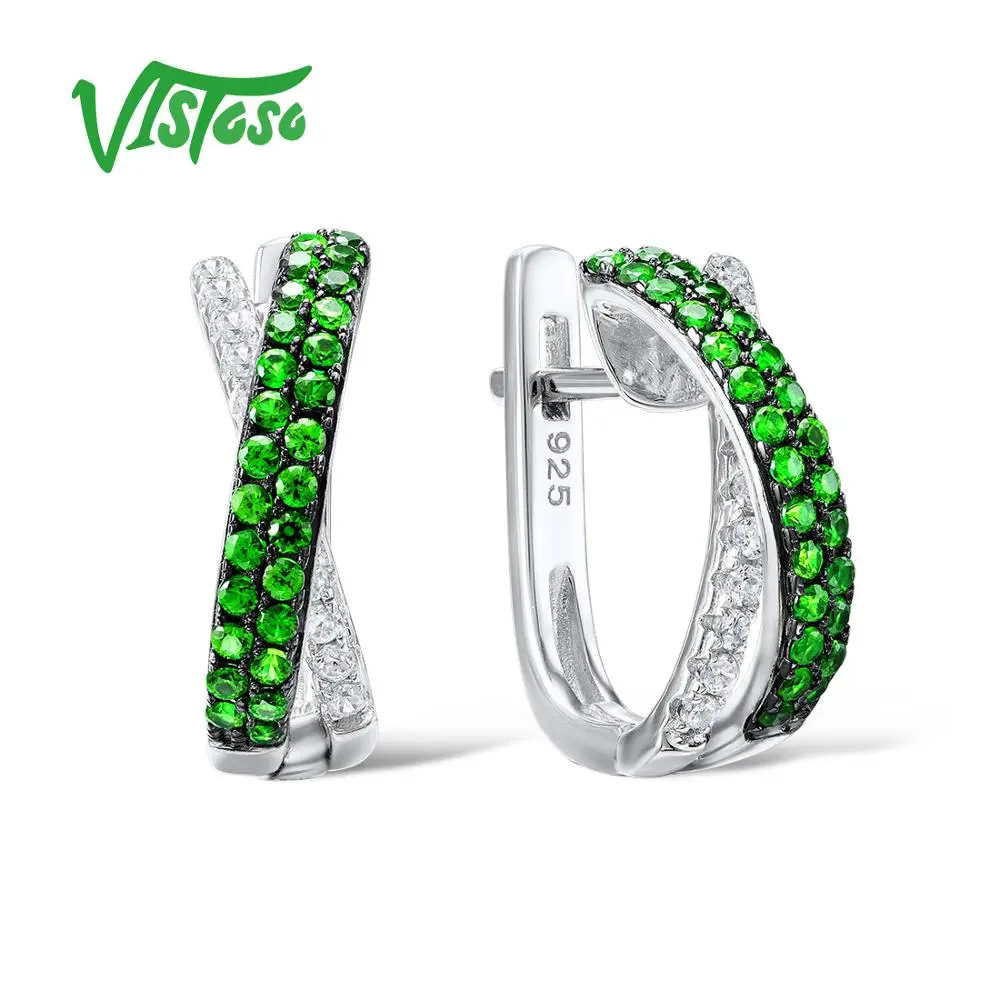 VISTOSO 925 Круглые серьги гвоздики из стерлингового серебра с зеленым шпинелем