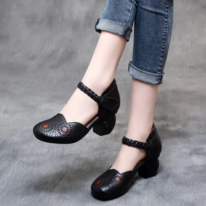 Женские кожаные сандалии Обувь на высоком массивном каблуке 5 см с вышивкой