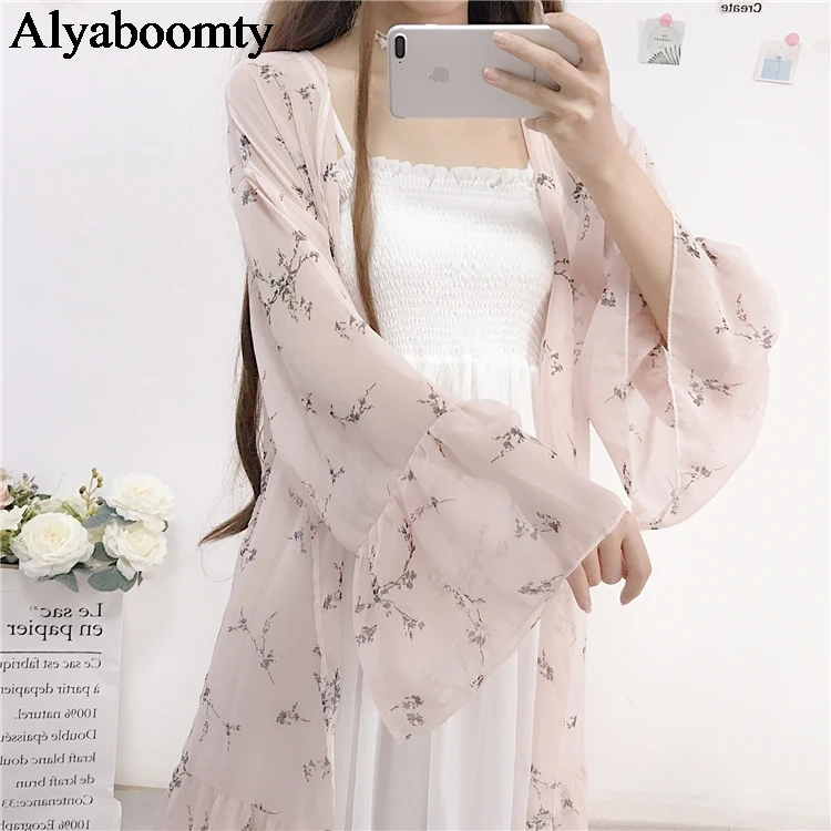 Японский Harajuku женский летний длинный Blusas пальто розовый цветочный принт