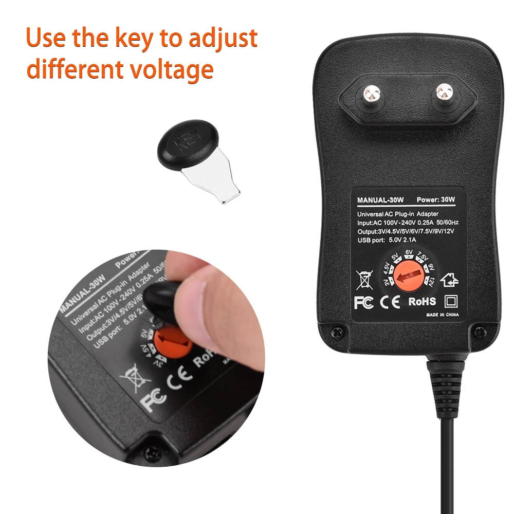 30W Универсальный адаптер питания 3V 4,5 V 5V 6V 7,5 V 9V 12V AC DC зарядное устройство преобразователь питания+ 5V 2.1A USB порт с 8Pcs jack-черный