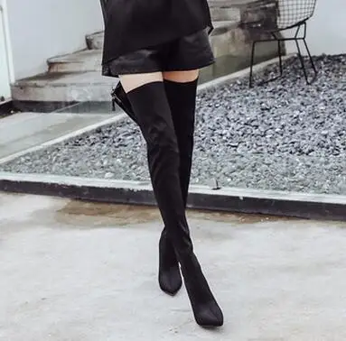 black with short fur Прямая поставка; Новинка; сезон весна-осень; пикантные высокие сапоги до бедра; Сатиновые эластичные ботфорты на высоком тонком каблуке; высокие сапоги - Цвет: black with short fur