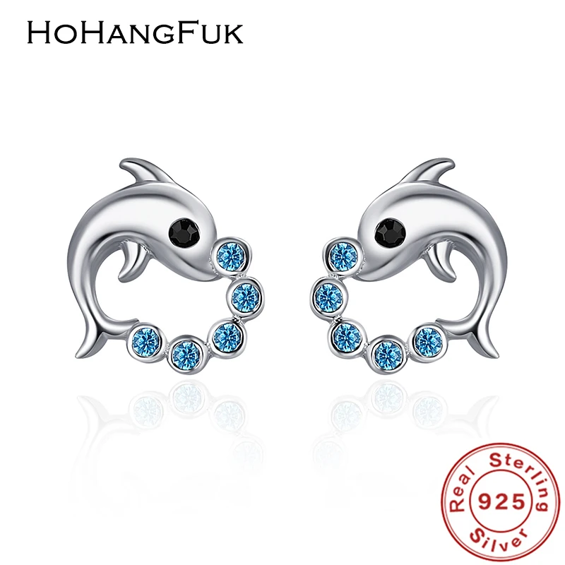 HoHangFuk Unique 925 Sterling Silver Cute Dolphin Animal With Blue Zircon Stud Earrings for Women Jewelry | Украшения и