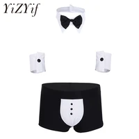 yizyif boxer set waiter sexy tuxedo shorts gay underwear panties bow tie collar bracelets gay men lingerie boxershorts