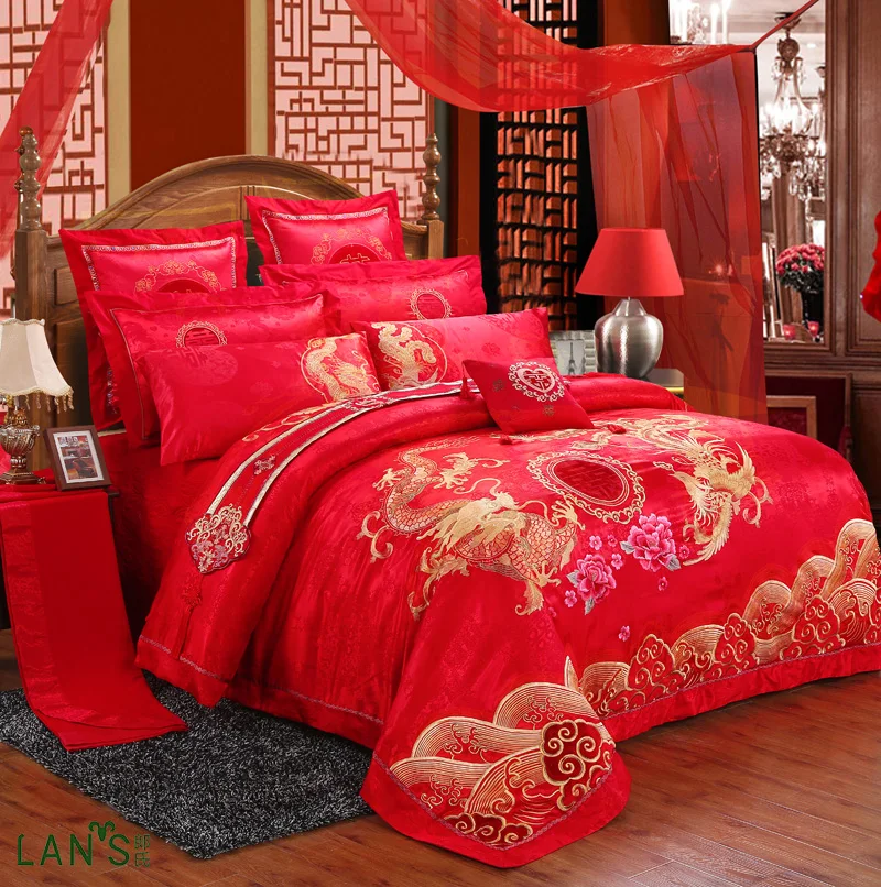 2018 Luxury Shiny Red Jacquard 4pcs Bedding Sets 100%cotton Dragon Embroidery Duvet Cover Bed Sheet Pillowcases Queen King Size | Дом и сад