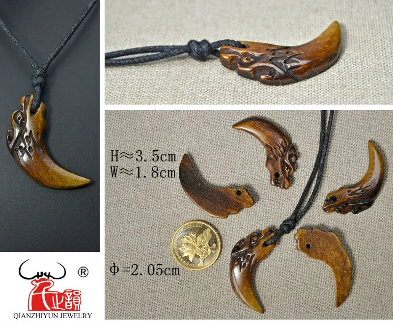 

GX046 New Zealand Maori Primitive tribes jewelry handmade-carved Wolf teeth pendant spike necklace yak bone Choker for gift
