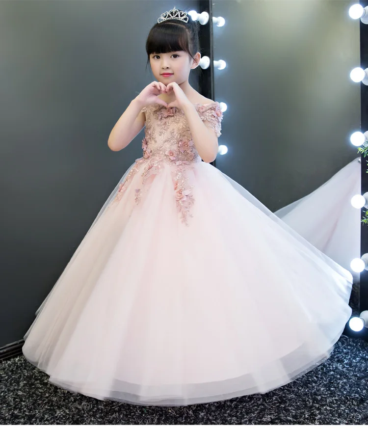 Платье для девочек с открытыми плечами розовое праздничное бальное платье