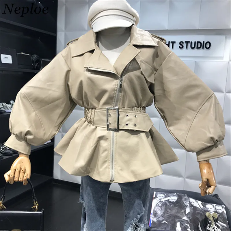 Neploe Искусственная кожа регулируемый пояс Для женщин PU пальто с отложным