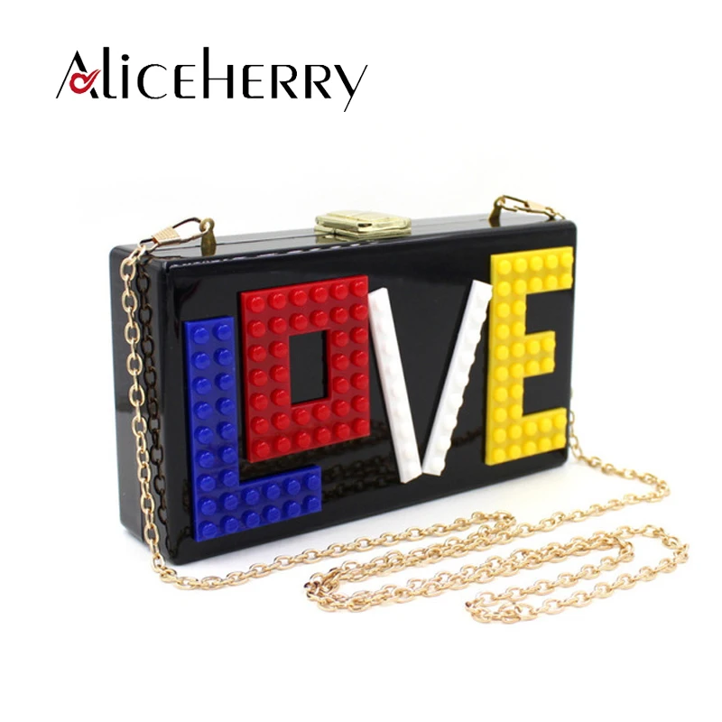 Для женщин клатч кошелек любовное письмо Crossbody сумки Laides черный акрил сцепления коробка сумка