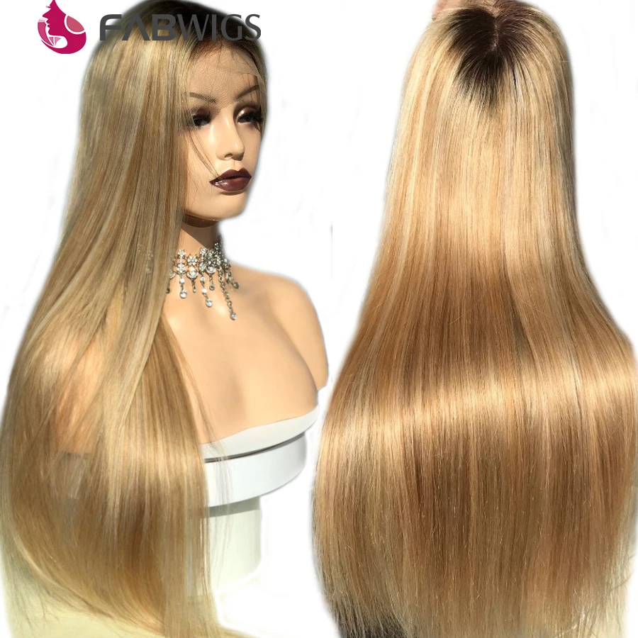 Fabwigs Lemi Цвет эффектом деграде(переход от темного к блондинка 13x4 Синтетические волосы на кружеве парики из натуральных волос на кружевной T4/27/613 прозрачный Синтетические волосы на кружеве парик с детскими волосами Волосы remy