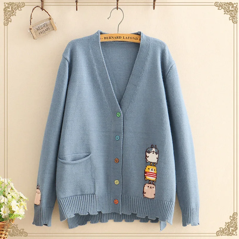 

Mori Girl Spring Autumn Sweater Women 4 Colors Cartoon Knitting Loose V-neck Colorful Button Cotton Casual Sweet Cardigan U242