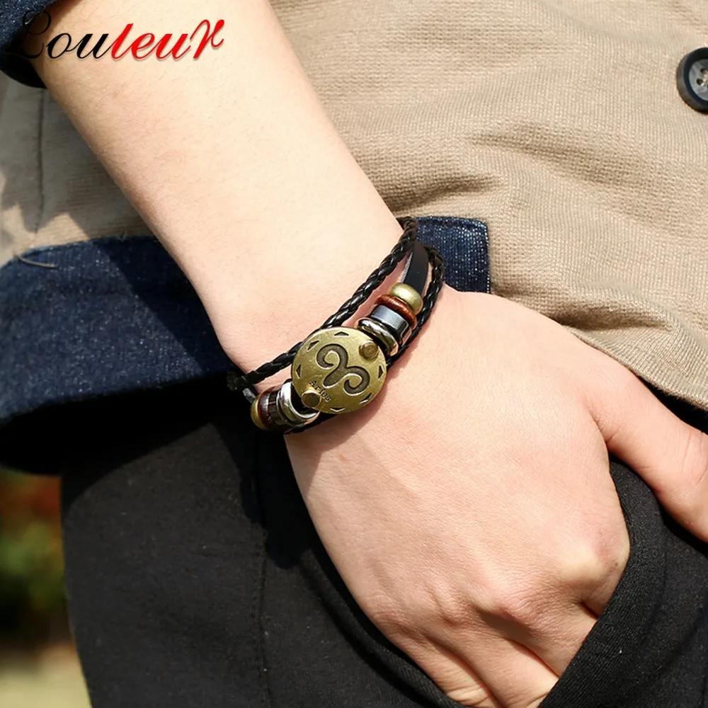 LOULEUR Gemini Scorpio Virgo Libra Aries Zodiac Taurus Bracelet for Men Women Geniune Braided Leather Jewelry | Украшения и