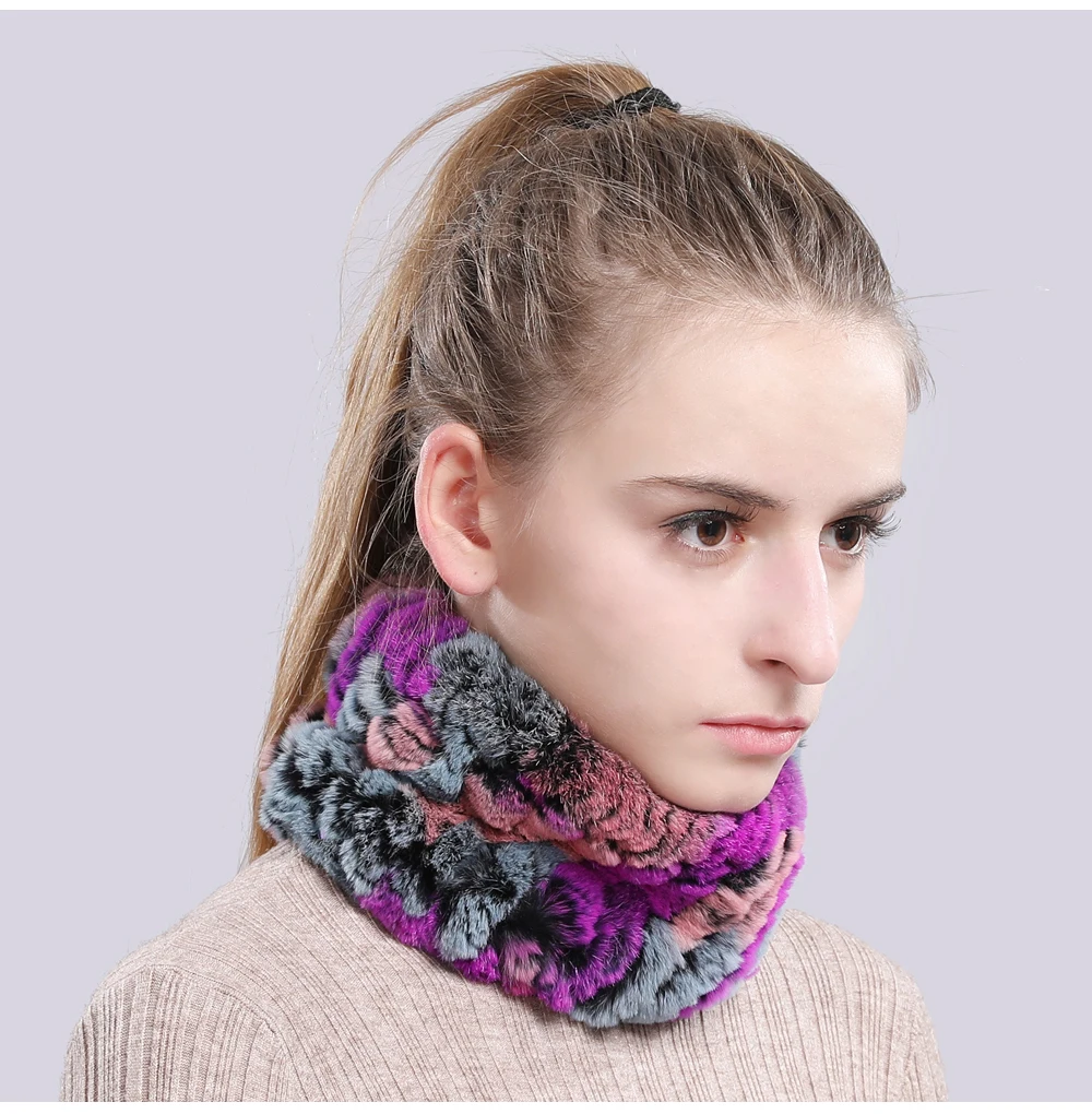 Women Real Fur Handmade Stretch Fur Scarf Knit Genuine Rex Rabbit Fur Headbands Girls Natural Fur Ring Cowl Snood Scarves Winter