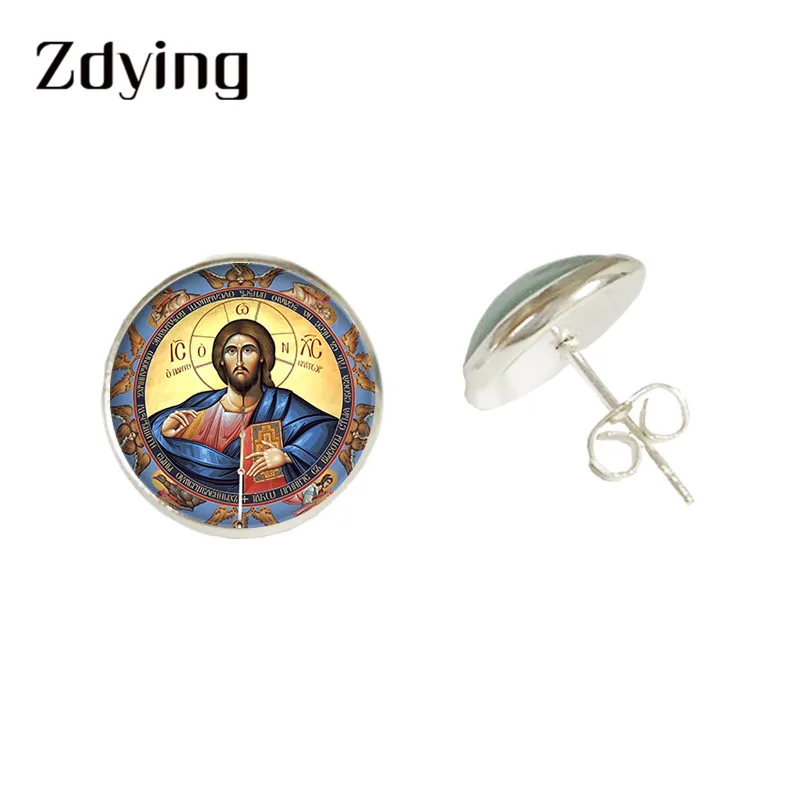Серьги гвоздики ZDYING Christian religion Jesus стеклянные кабошоны с изображением Иисуса