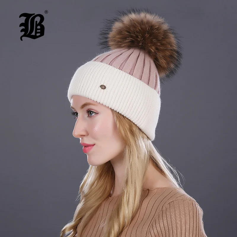 [Flb] зимняя шапка для женщин вязаный шерстяной Lady шапочки Cap Natural енота Fox меховой помпон Hat Лоскутная Женская Повседневная Skullies - Цвет: 17016 03B