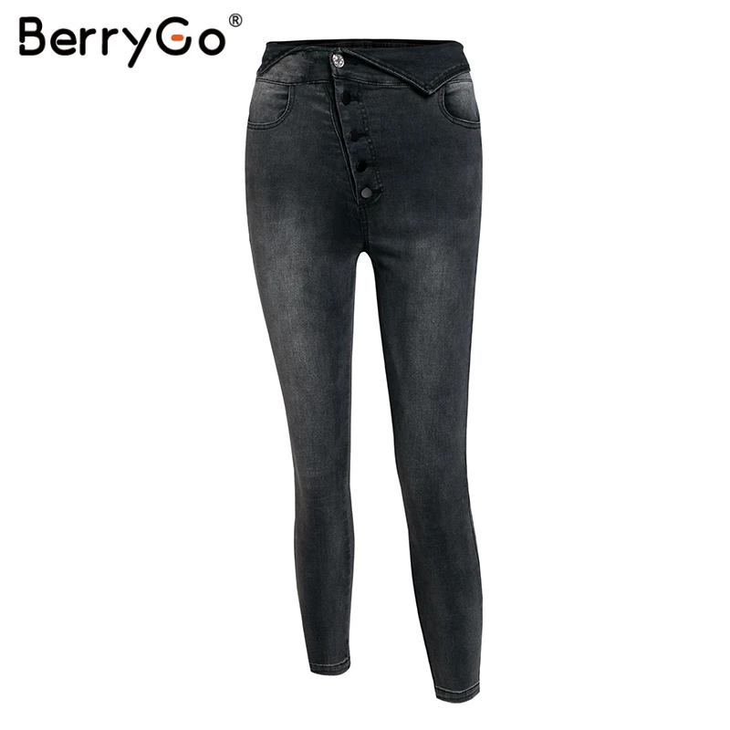BerryGo, сексуальные обтягивающие джинсы, для женщин, уличная одежда, высокая талия, пуговицы, складки, Капри, брюки, летняя мода, женские серые джинсы-карандаш