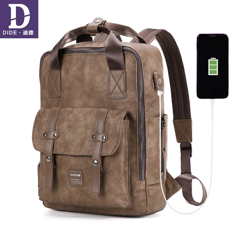 Хаки DIDE, новинка, 15 дюймов, Мужской винтажный кожаный рюкзак с USB, рюкзак для ноутбука, женский толстый Школьный рюкзак, Повседневная сумка на плечо, ретро школьный рюкзак - Цвет: Хаки