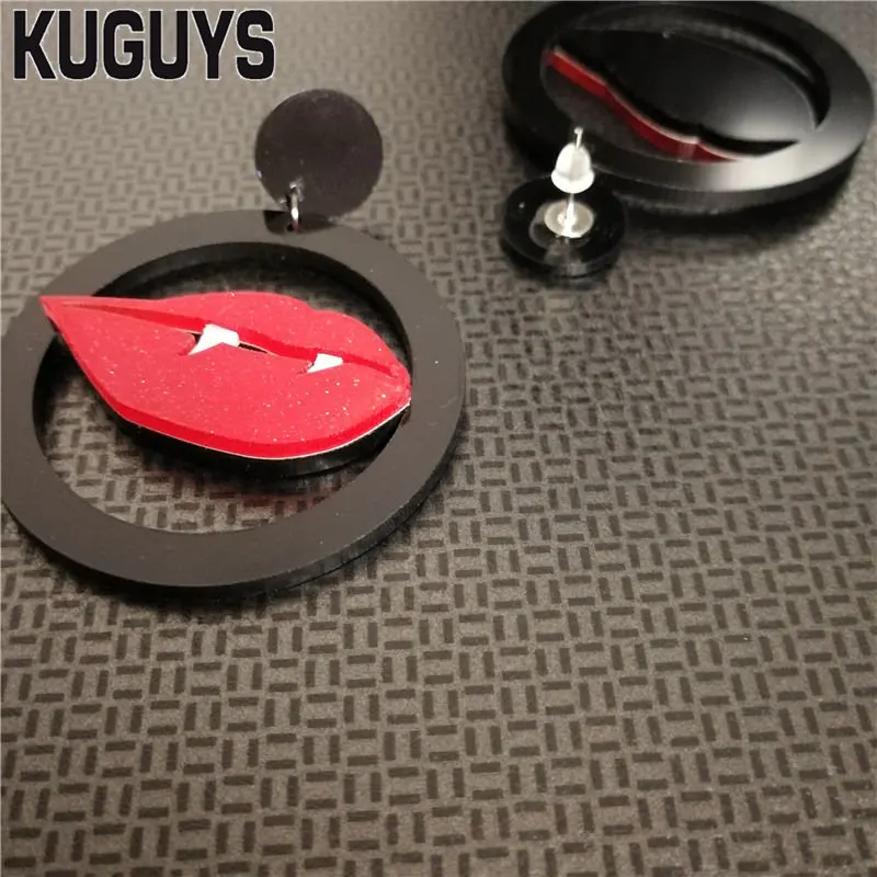 KUGUYS Fashion Jewelry Gothic Round Drop Earrings for Women Acrylic Red Lip Vampire Accessories | Украшения и аксессуары