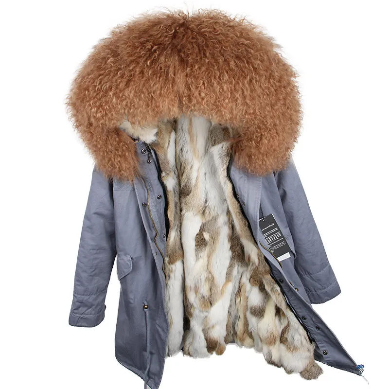 grey brown OFTBUY пальто с натуральным мехом, зимняя куртка, Женская длинная парка, воротник из натурального меха монгольской овцы, капюшон, подкладка из натурального кроличьего меха, уличная одежда - Цвет: grey brown