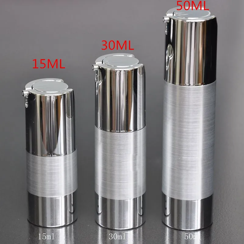 

15ML/30ML/50ML Silver vacuum flask emulsion bottle cosmetic packaging bottle empty airless pump cosmetic lotion cream bottle
