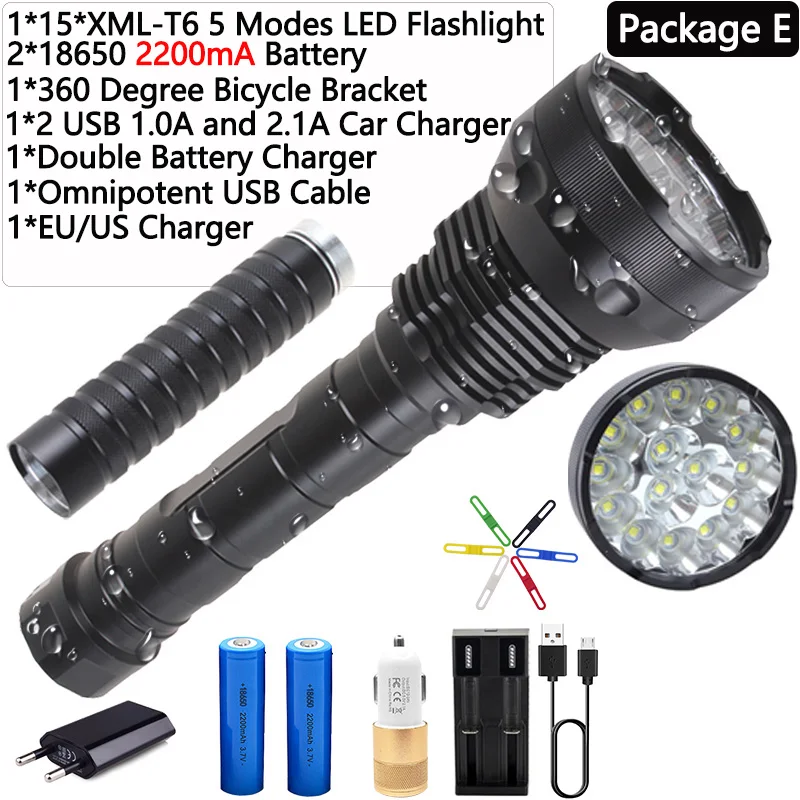 Package E Самая мощная 15 x XM-T6 8800mA батарея высокой мощности 5 режимов Светодиодный светильник-вспышка светодиодный фонарь linternas водонепроницаемый светильник-вспышка - Испускаемый цвет: Package E