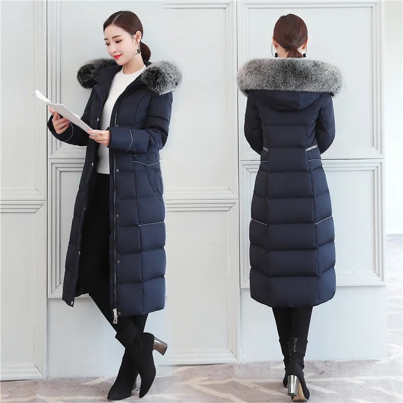 Женский пуховик на утином пуху Длинная зимняя парка с натуральным мехом капюшоне