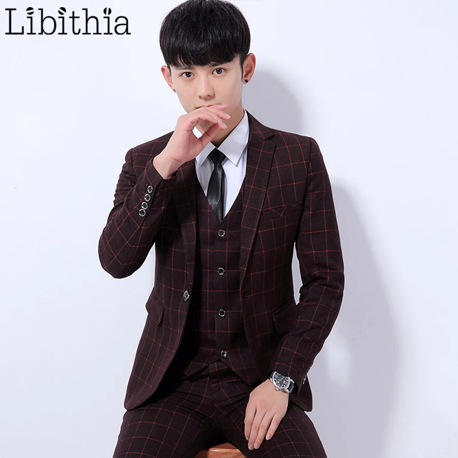 

(Jakcet+Pant+Vest) Men Business Plaid Suits One Button 3XL Slim Fit Man Tuxedos Suits Wedding Casual Clothes Male Dark Grey K314