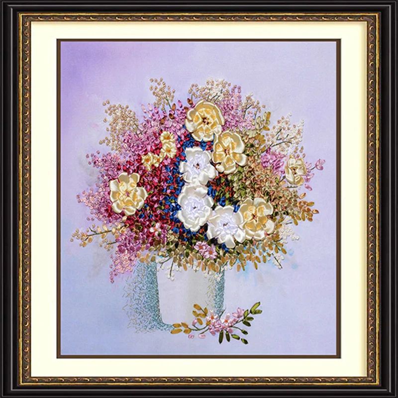 65X65cm Цветы DIY 3d вышивания крестиком работа иголкой незаконченная вышивка лентой