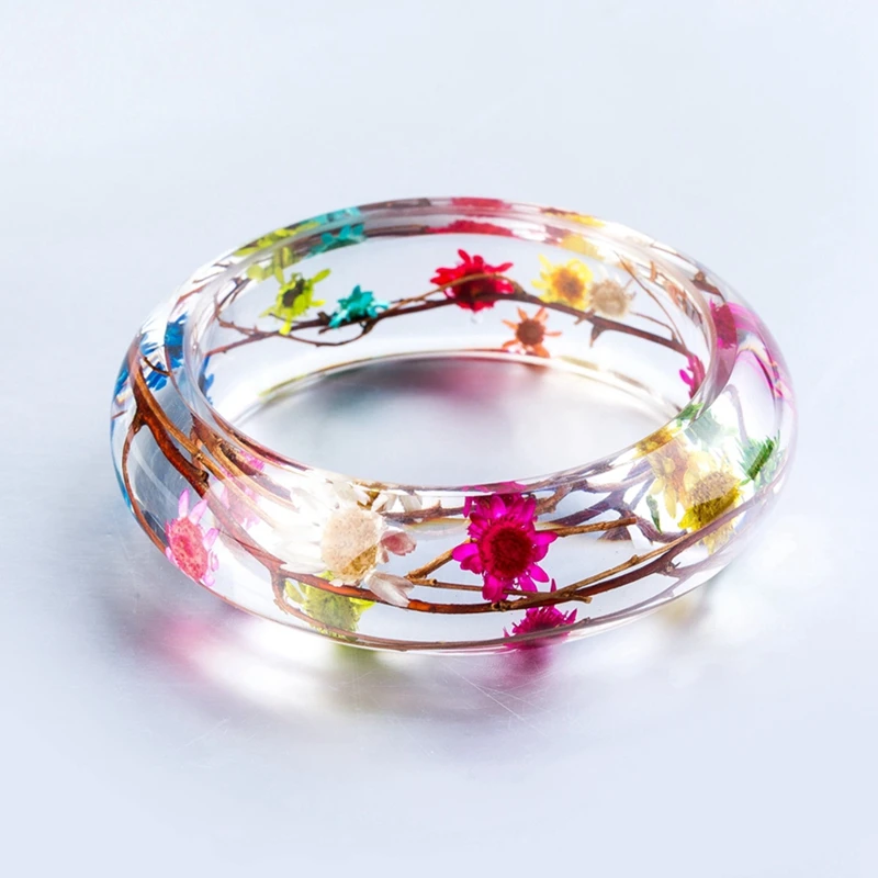 Полимерные прозрачные браслеты и настоящие цветы ручной работы красочный