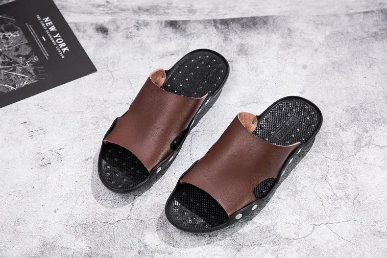 Mazefeng Summer Genuine Leather Slippers High Quality Men Sandals Rivet Beach Mens Slippers Platform Male Sandals Rubber Shoes