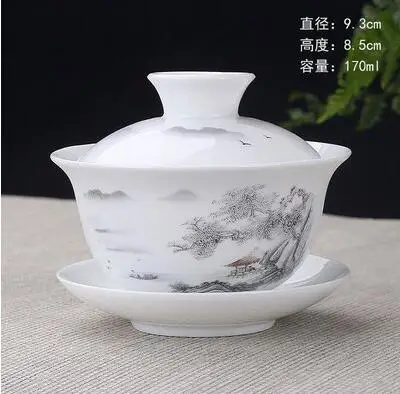 Ручная роспись тушью Лотос керамический фарфор Gaiwan китайский чайный набор кунг-фу ручной работы чайная посуда Tureen Sancai чайная чашка пуэр чайник - Цвет: 170ml