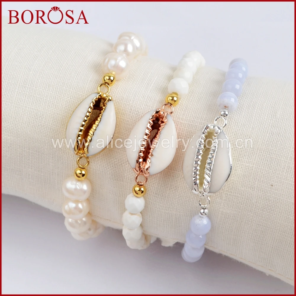BOROSA 1 шт. раковина Каури с пресноводными жемчужинами Howlite Синий Халцедон Браслеты из бусин ювелирные изделия в подарок G1552
