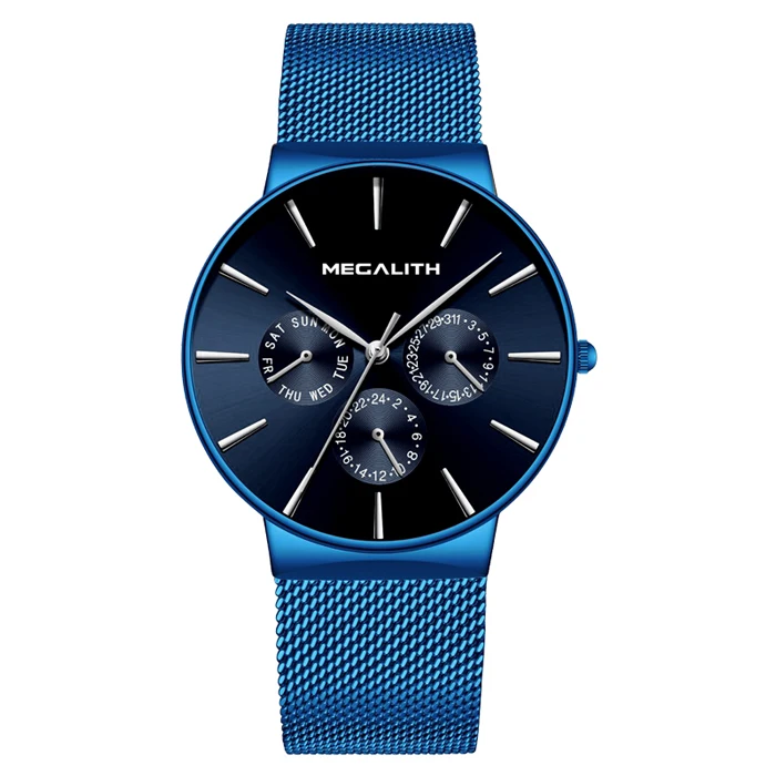 blue mesh 9,99$ MEGALITH мужской хронограф часы лучший бренд роскошный сетчатый ремешок спортивные водонепроницаемые кварцевые часы для мужчин Reloj Hombre 0047 - Цвет: blue mesh