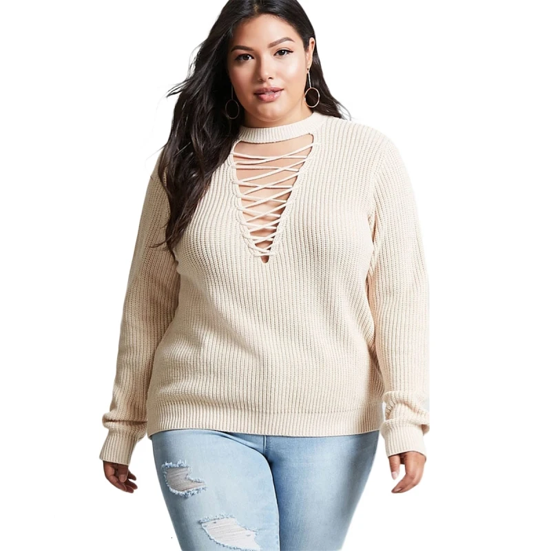 Hollow Out Collar Cross Belt Sweater Plus Size 6XL 5XL 2018 Spring Beige Long Sleeve O-Neck Sexy Streetwear Sweaters XXXL 4XL | Женская