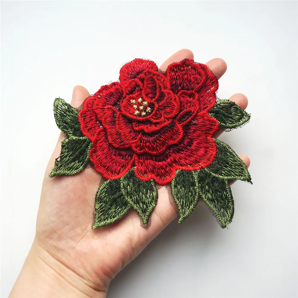 Red Rose Leaves 3D Flowers Embroidered Fabric Appliques Mesh Trimmings Sew On Patches For Wedding Bride Dress DIY Decoration | Дом и сад