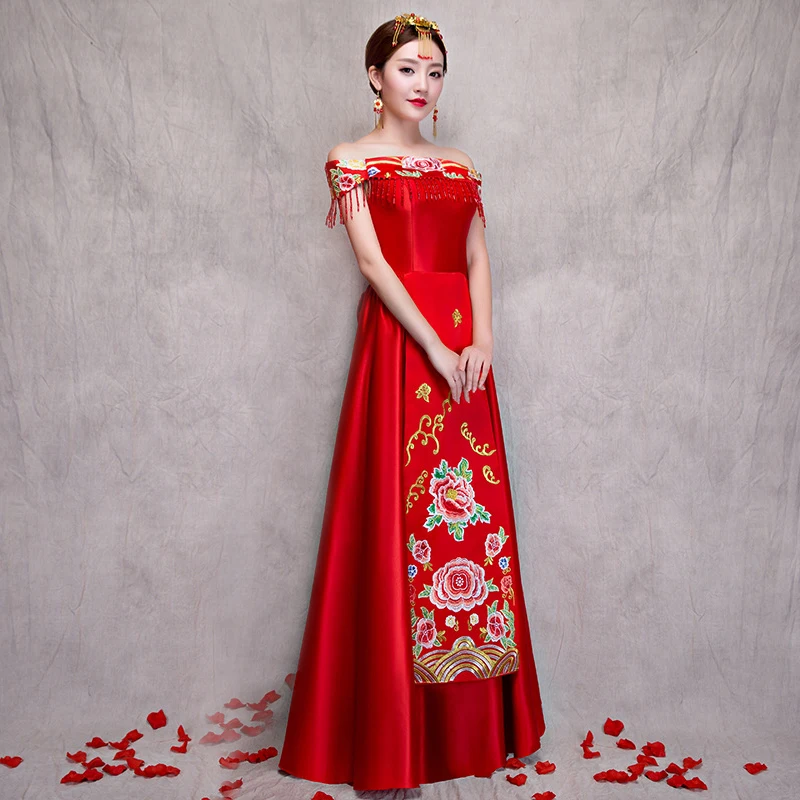 Красное свадебное платье традиционное китайское Qipao Национальный костюм для