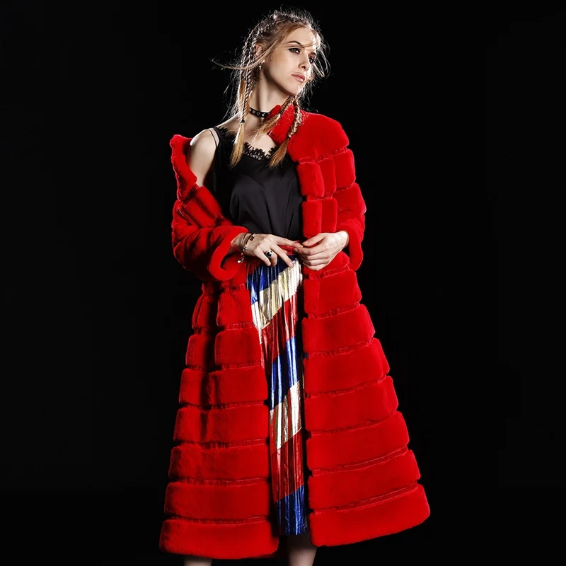 Женская зимняя длинная Меховая куртка с воротником стойкой LF4215|rex rabbit fur coat|outerwear