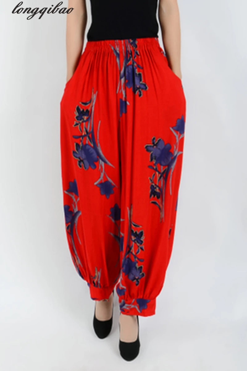 Хлопковые Штаны большого размера с цветочным принтом в национальном стиле