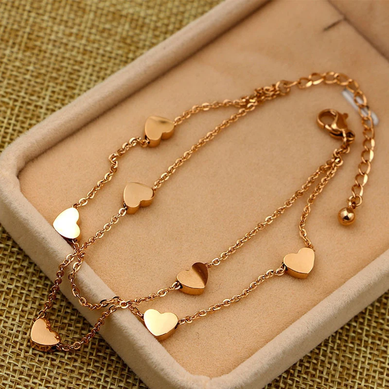 

Free Shipping Seven Heart Double Layer Rose Gold Color Stainless Steel Bracelet