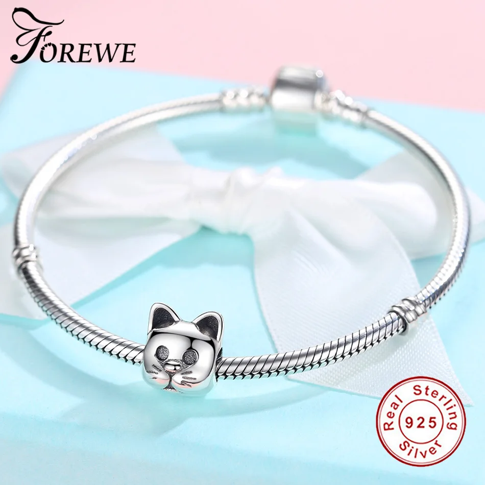 FOREWE Аутентичные 925 пробы серебряные бусины в виде кошки подходят к оригинальным