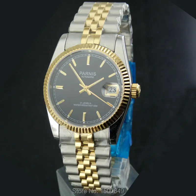 Женские часы с автоматическим механизмом Parnis черные циферблатом из черной стали