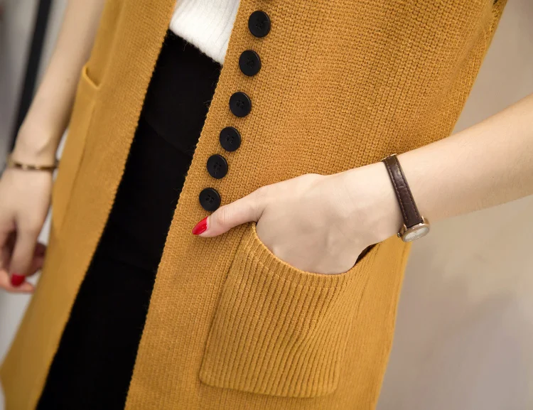 Для женщин модные элегантные леди карман пальто без рукавов Вязаные Жилеты для