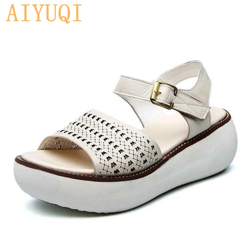 AIYUQI/женские босоножки на платформе; Туфли на танкетке; Новинка года; женские босоножки из натуральной кожи с открытым носком в стиле ретро; женская летняя обувь