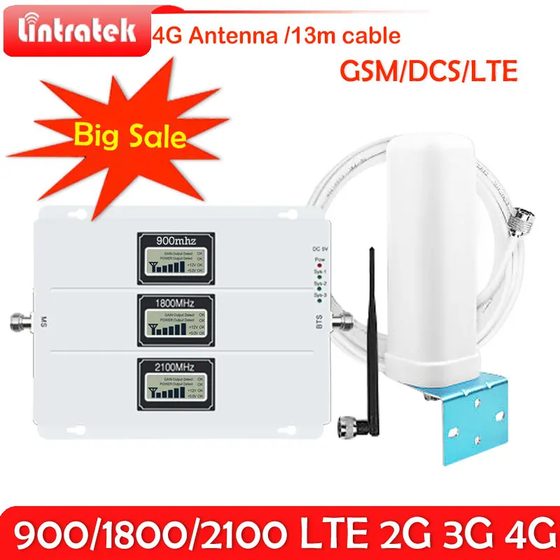 Lintratek 2G 3G 4G трехдиапазонный усилитель сигнала 70 дБ GSM 900 LTE 1800 WCDMA 2100 МГц