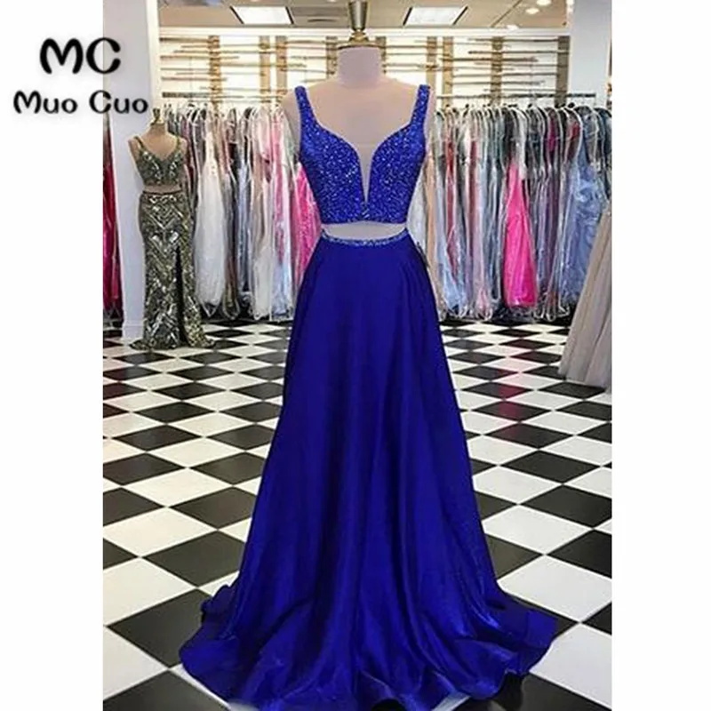 

Elegant 2018 Royer Blue Evening Dresses Long Sleeveless V-Neck Two Pieces Gown Beaded Formal Evening Party Dress Custom Made