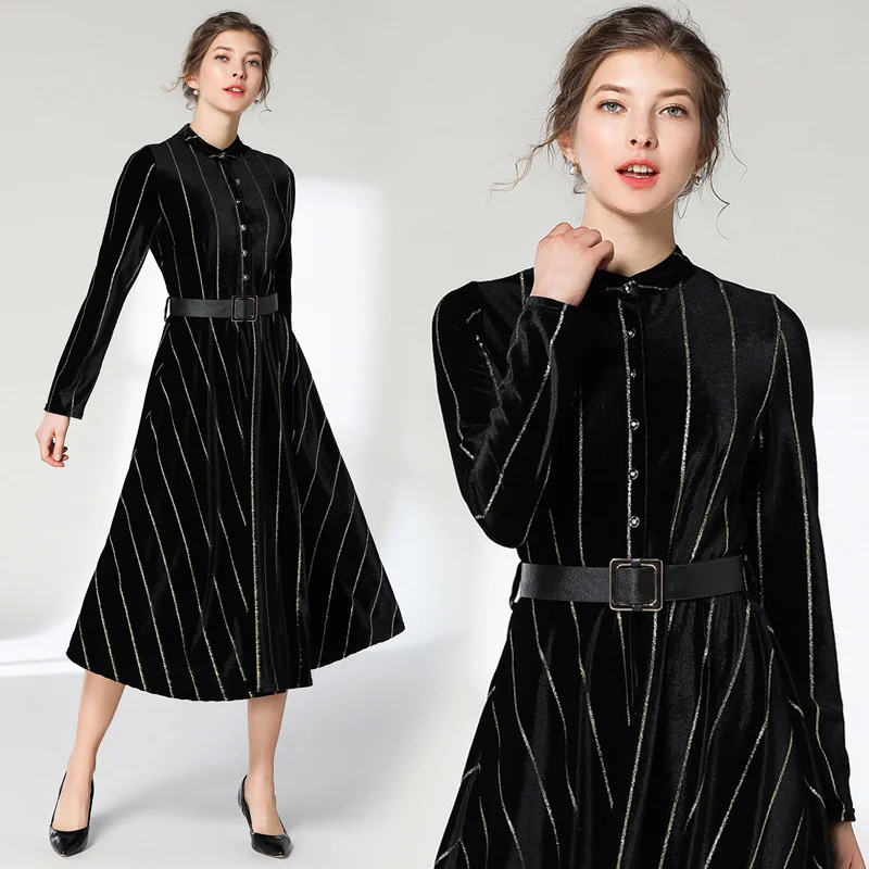 Shiny Gold Thread Striped Velvet Dress 2019 Winter Women Long Sleeve Thick Warm Female Vintage Velour Sashes | Женская одежда