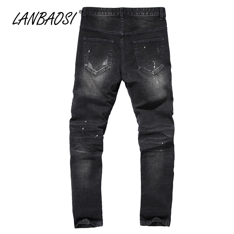 Джинсы LANBAOSI мужские рваные джинсы повседневные черные джинсовые брюки для