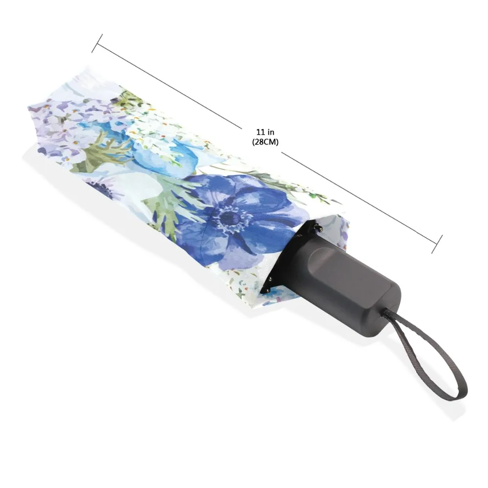 

New Blue Flowers Oil Painting Arts Umbrella Creative Three Folding Sun Umbrella Automatic Umbrellas Women with Blacking Coating