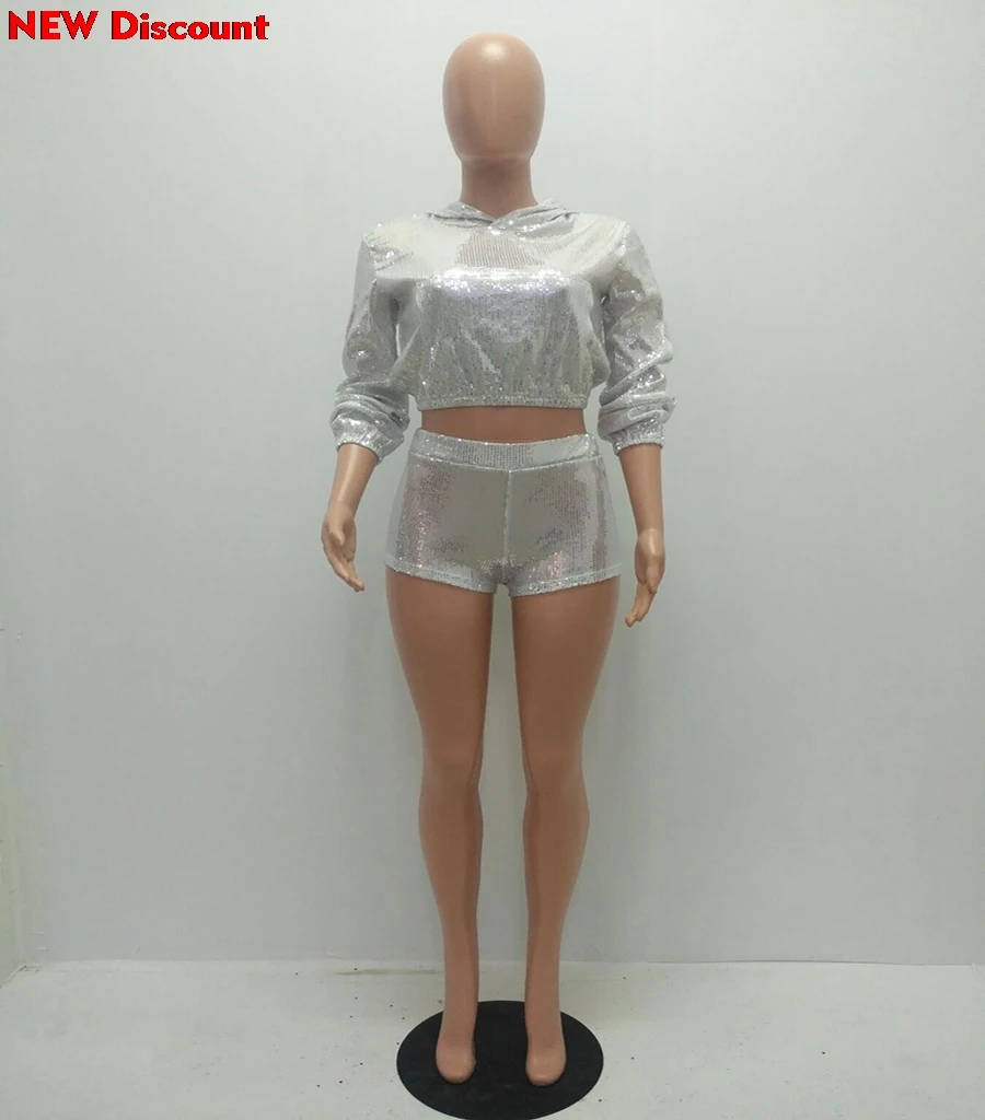 Два Женский комплект 2 шт. худи с пайетками мода блесток круглым вырезом